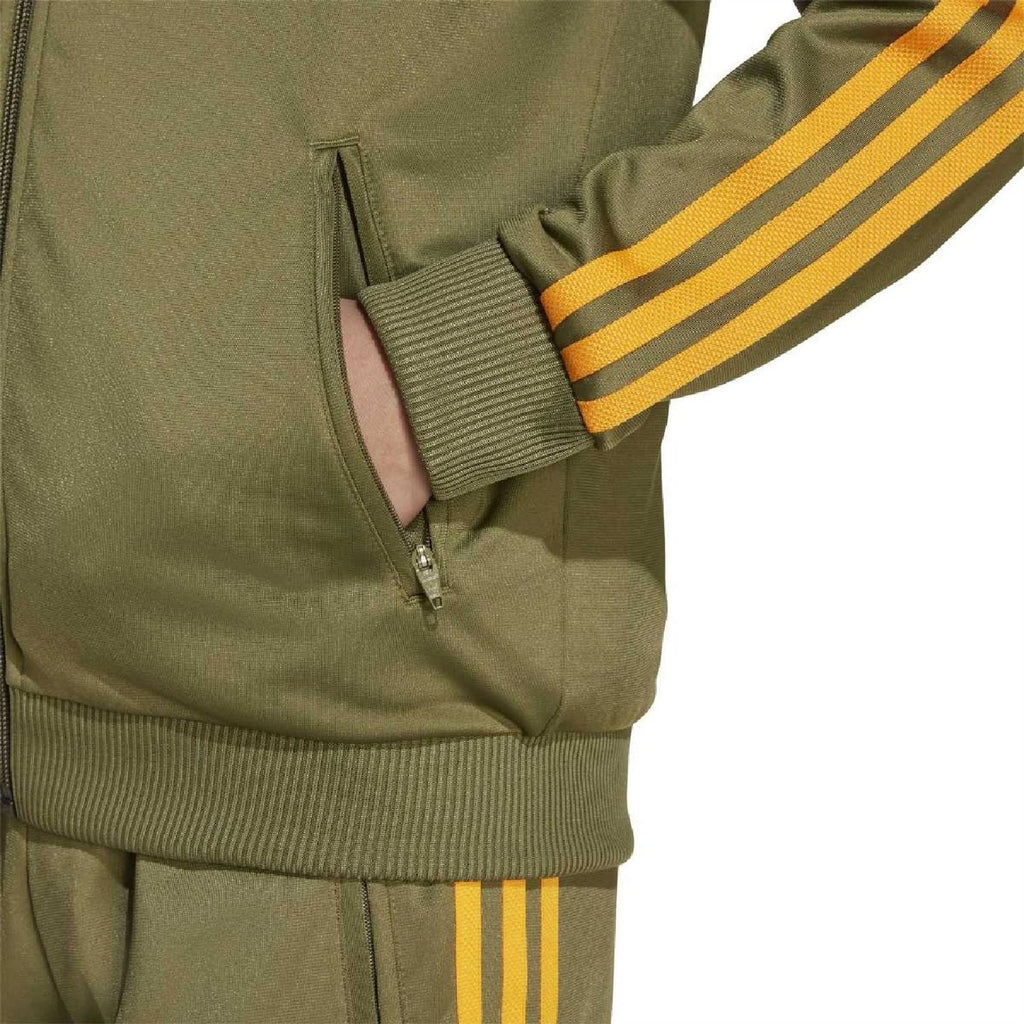 adidas junior zip-up top cuff detail, olive green knit trim and yellow-orange stripe sleeve