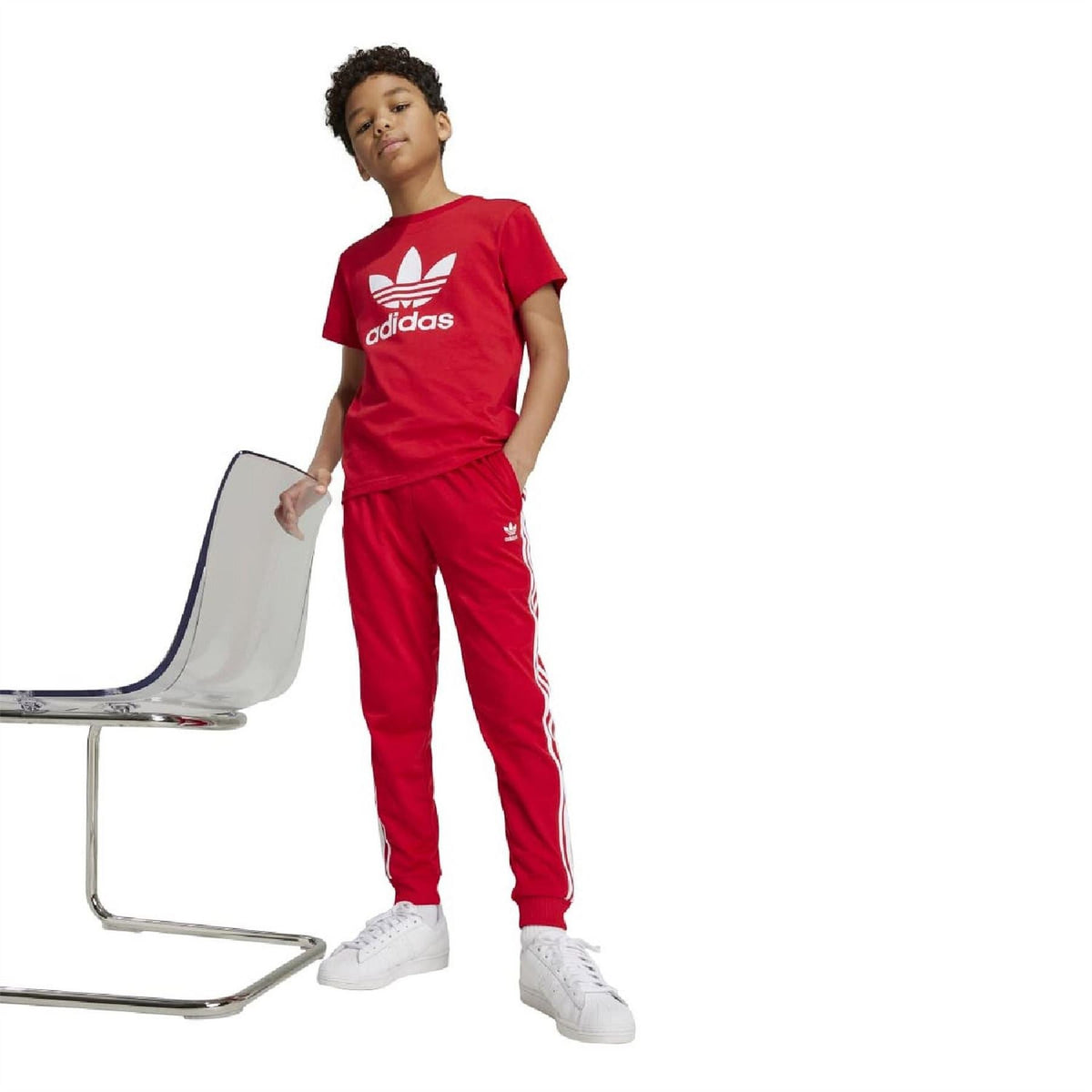 Kids scarlet red T-shirt with adidas trefoil and wordmark, worn with matching pants