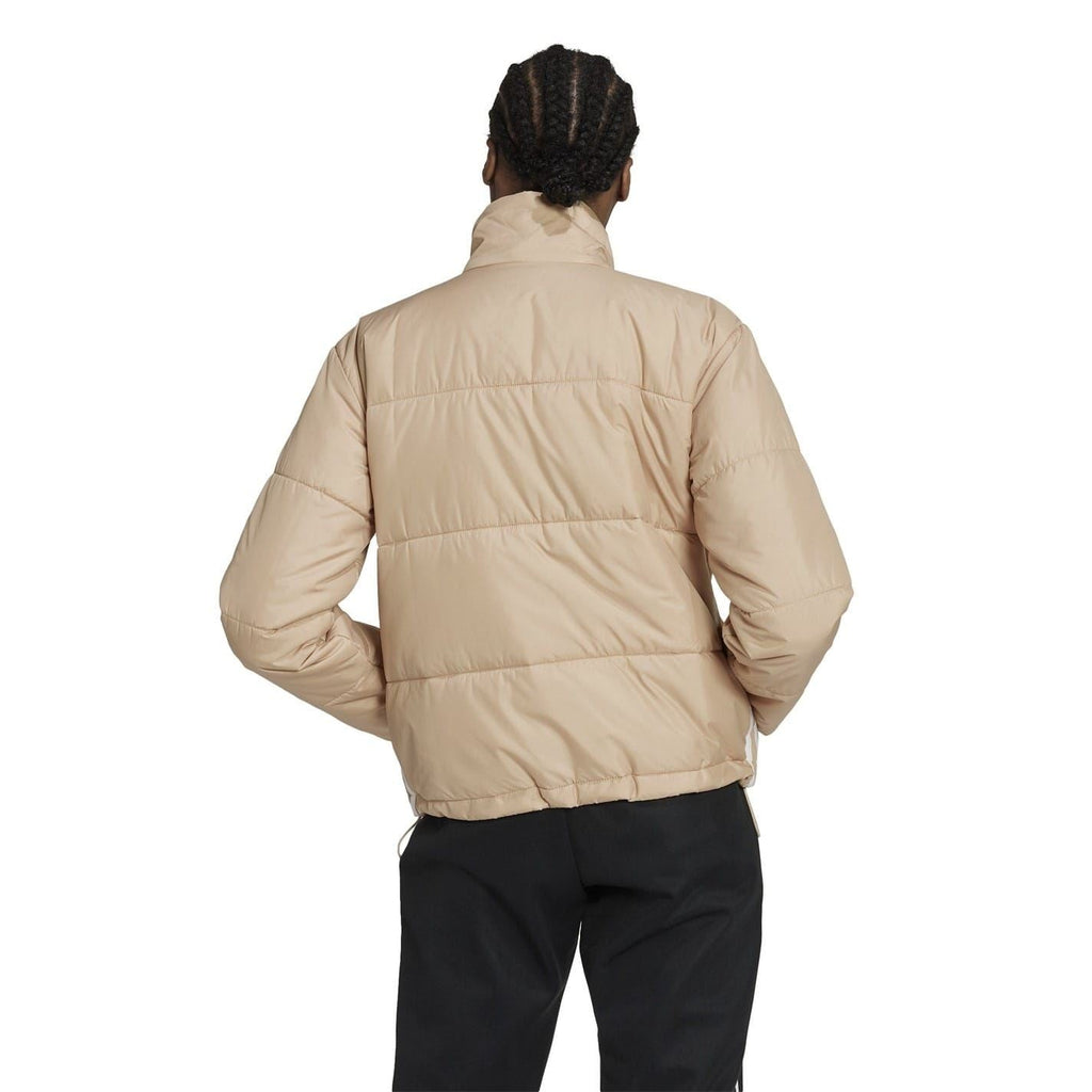 Beige padded high-neck zip-up jacket, back view with adidas Originals logo.