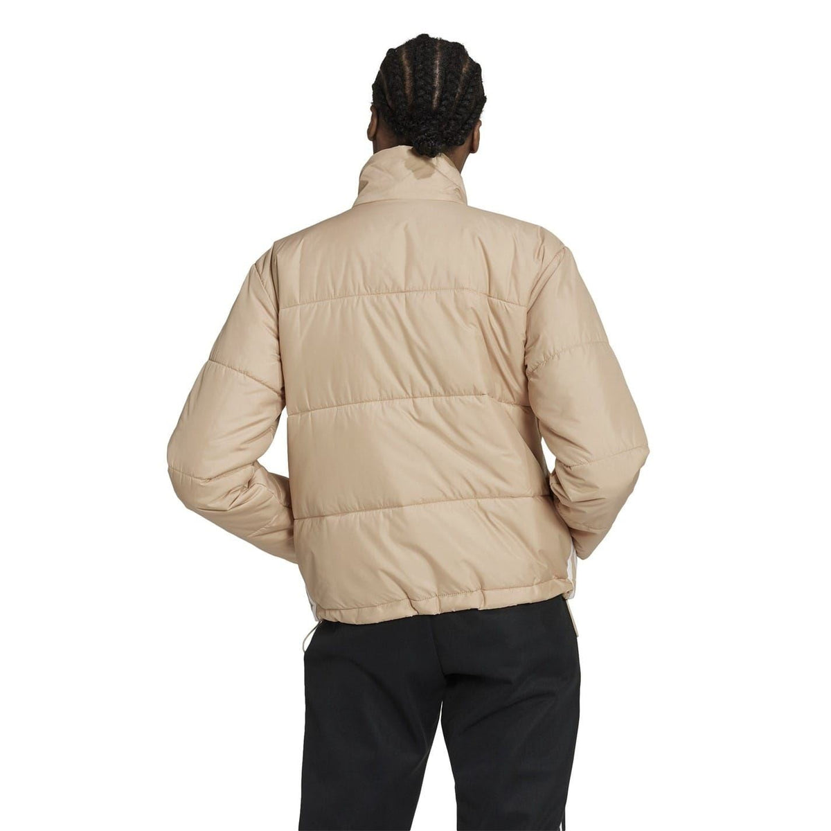 Beige padded high-neck zip-up jacket, back view with adidas Originals logo.