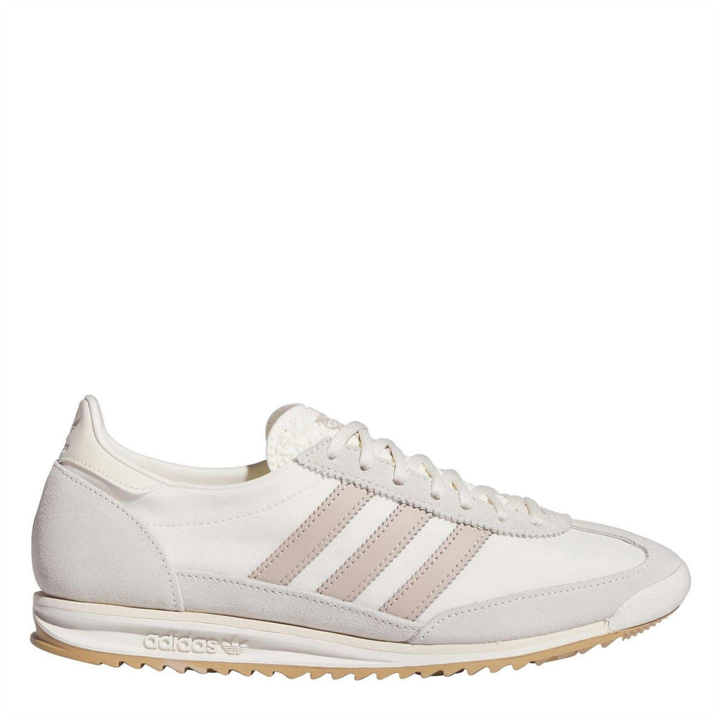 adidas Originals low-top sneakers in white with three taupe stripes and gum sole