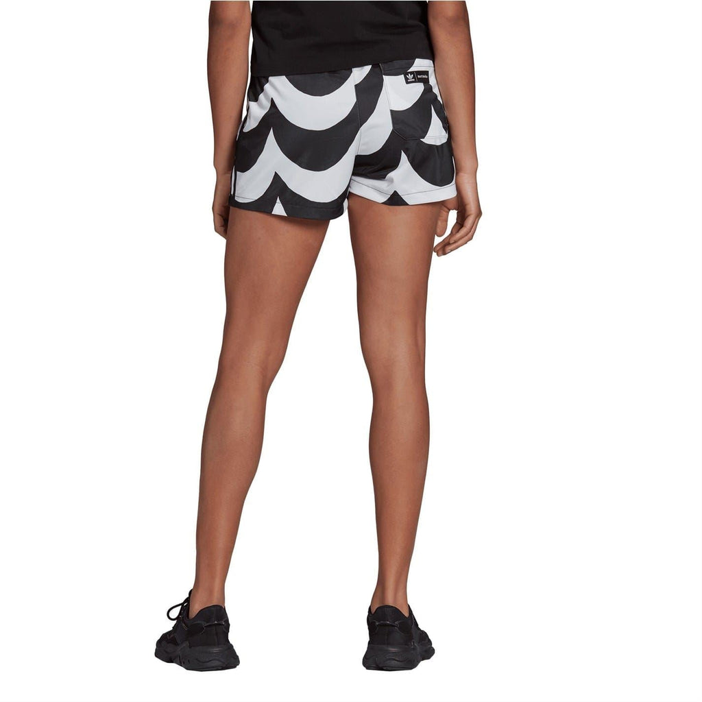 Black and white graphic adidas athletic shorts with elastic waistband and short inseam