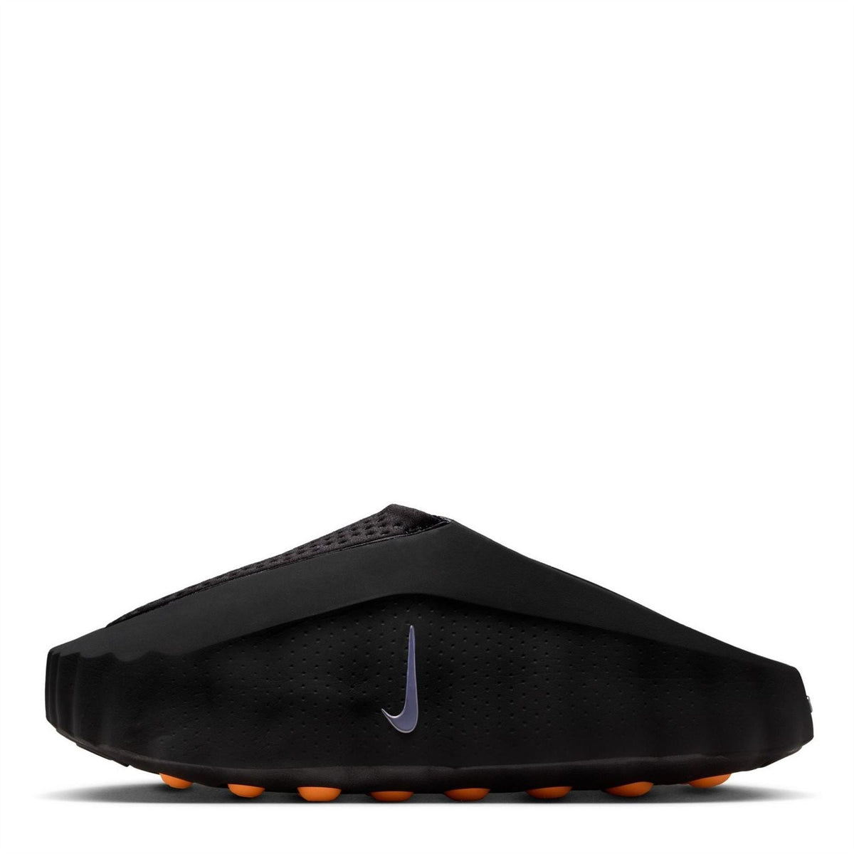 Black Nike slide sandals, front angled view with swoosh and orange tread