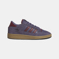 Violet suede low-top adidas Originals shoes with burgundy accents and gum sole