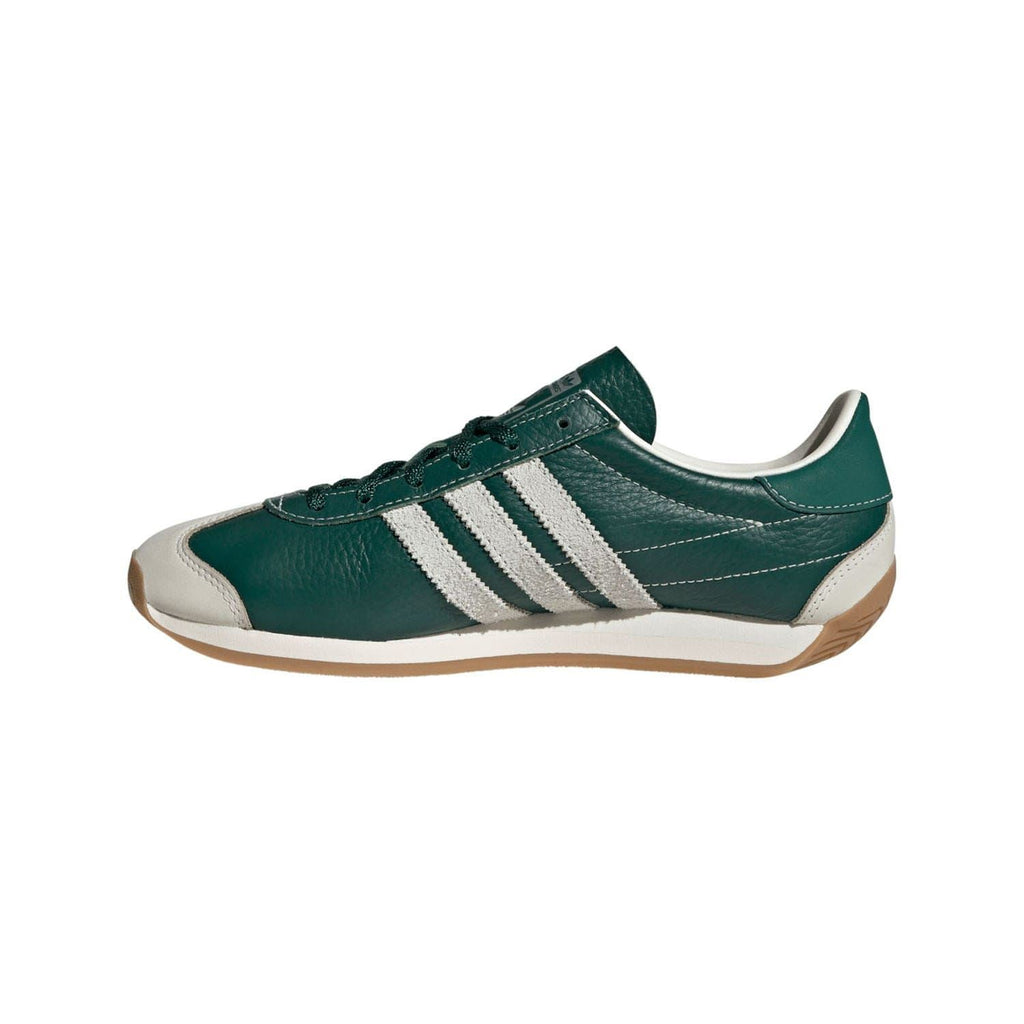 Green adidas Originals low-top trainers with white three stripes and lace-up front