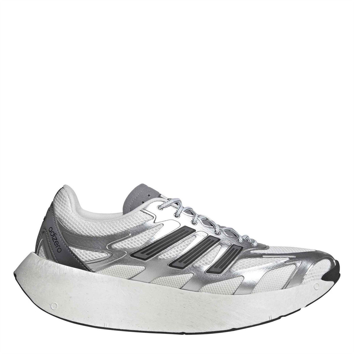 Silver and white low-top running shoes with lace-up front and cushioned sole