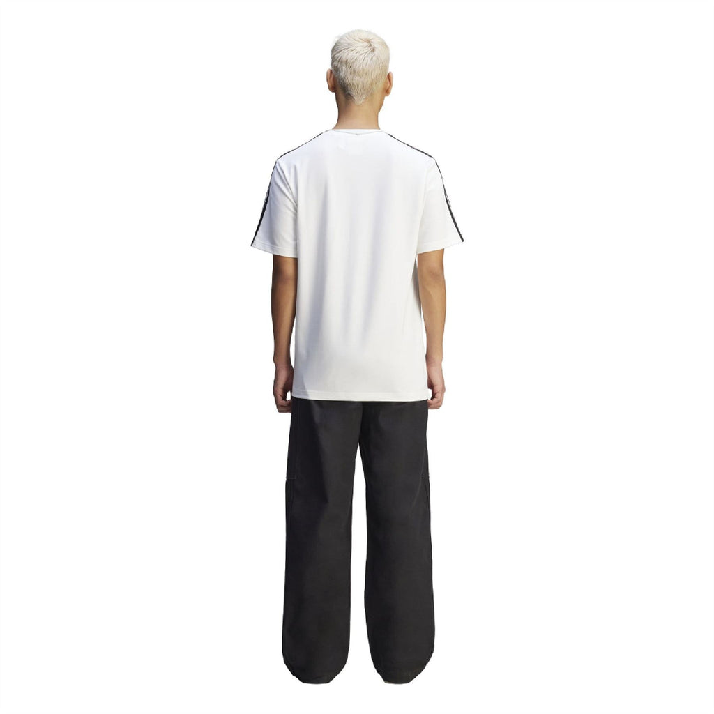 White T-shirt back view on model with plain back and short sleeves