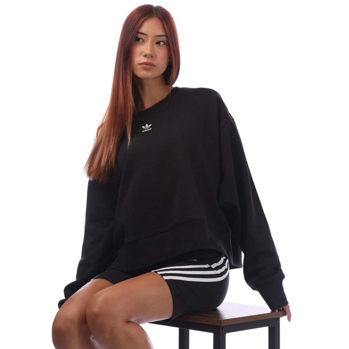 Black crew sweatshirt with adidas trefoil logo and ribbed cuffs, dropped shoulders