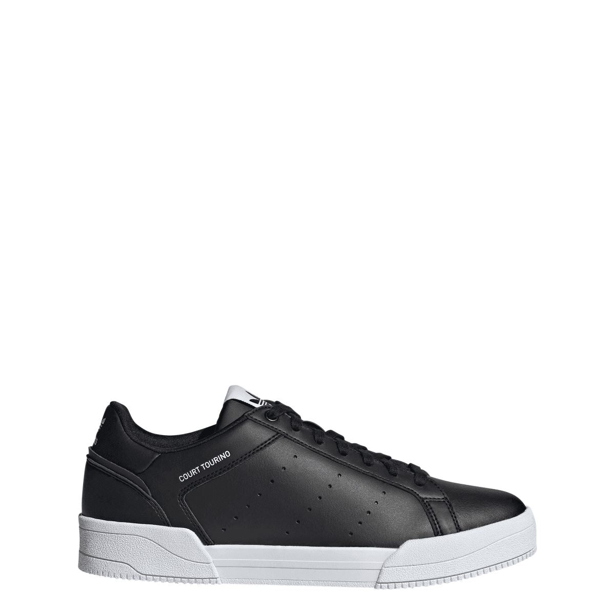 adidas Court Tourino black low-top trainers, side view with white midsole