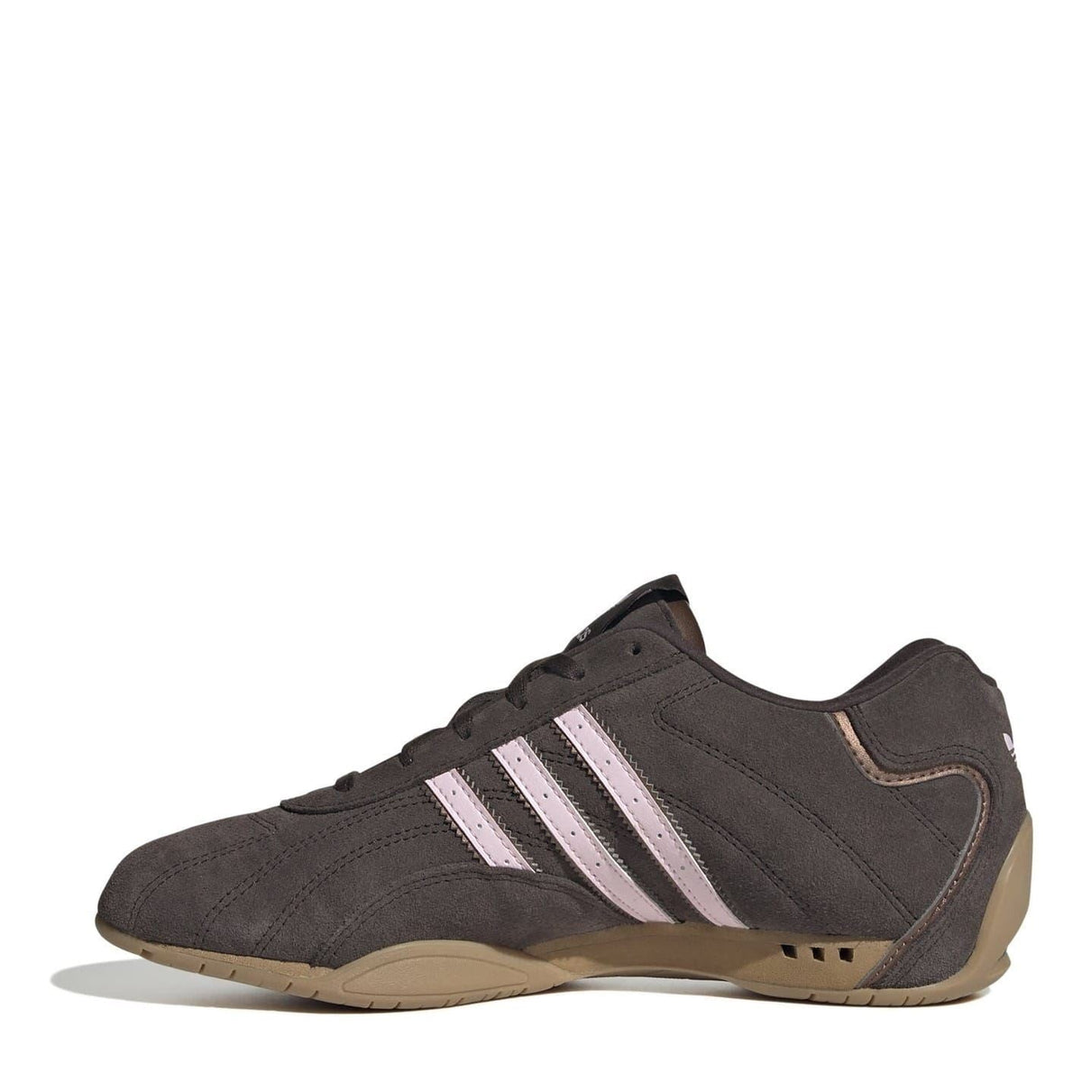 Charcoal low-top sneakers with three pale stripes, lace-up, and gum outsole