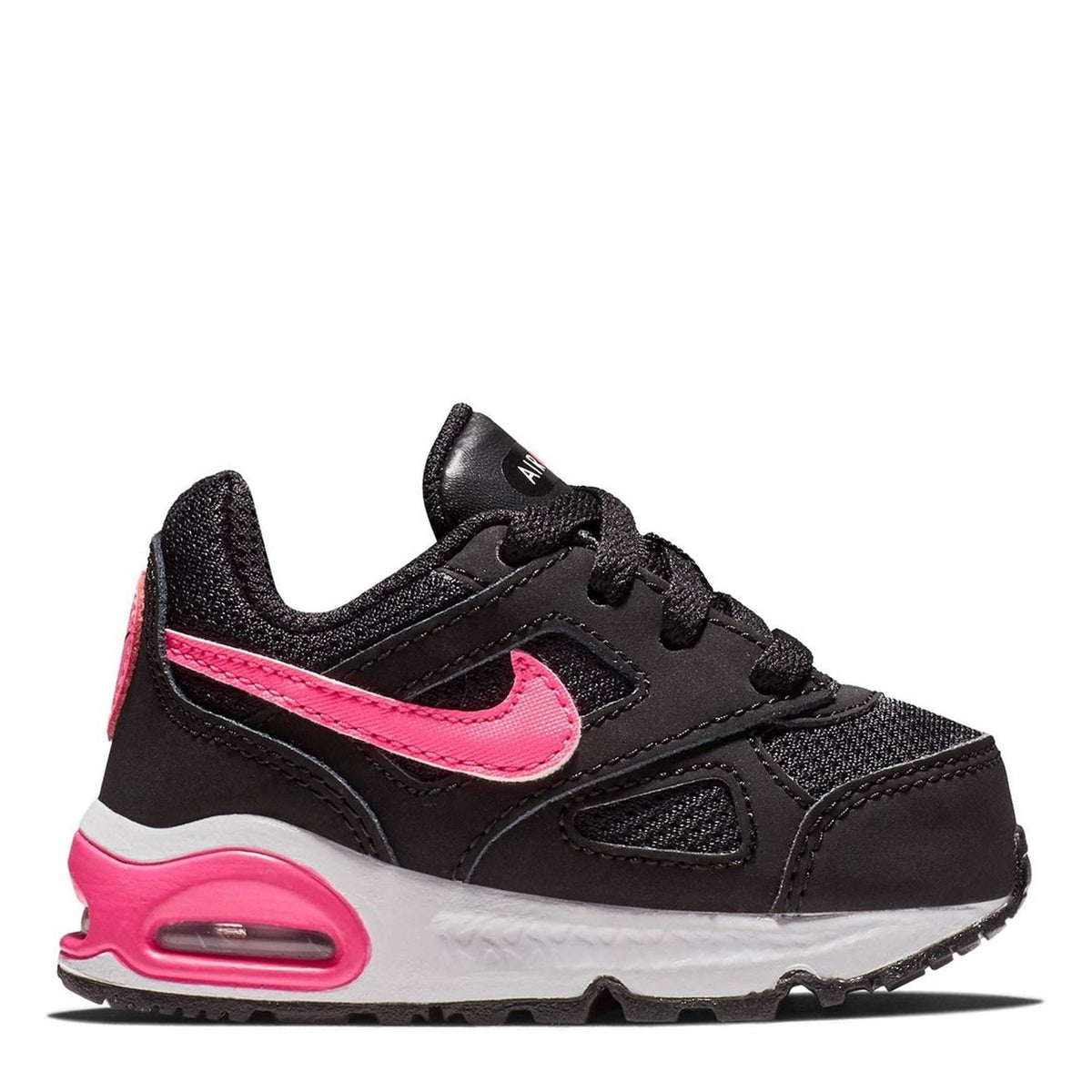 Infant Nike Air Max Ivo shoes in black with pink swoosh and visible air unit