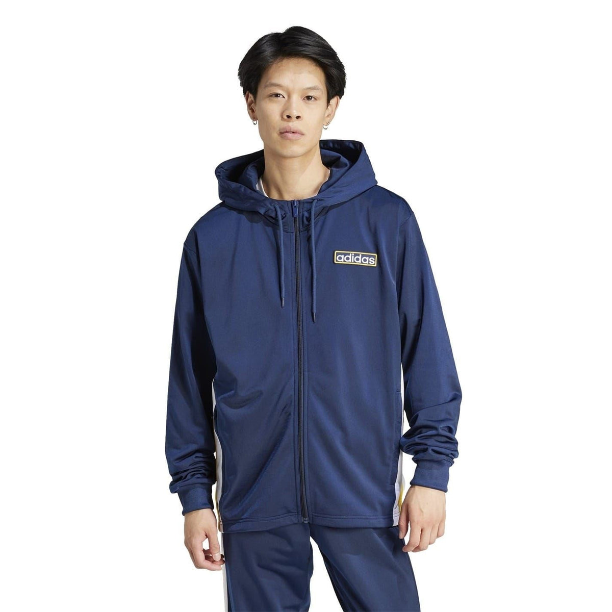 Dark blue hooded track jacket with full-length zip and adidas chest logo