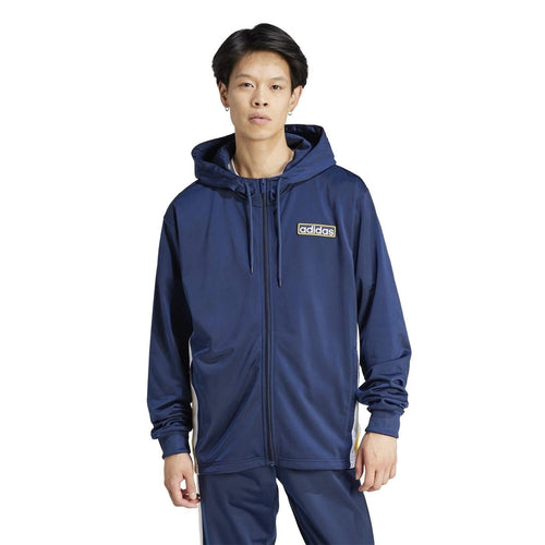 Dark blue hooded track jacket with full-length zip and adidas chest logo