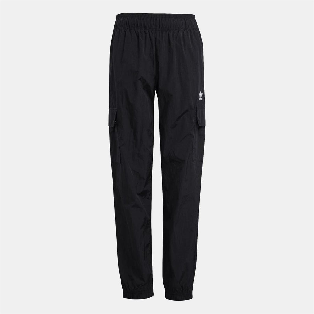 Black track pants with elastic waist, cuffed hems and side cargo pockets
