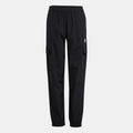 Black track pants with elastic waist, cuffed hems and side cargo pockets