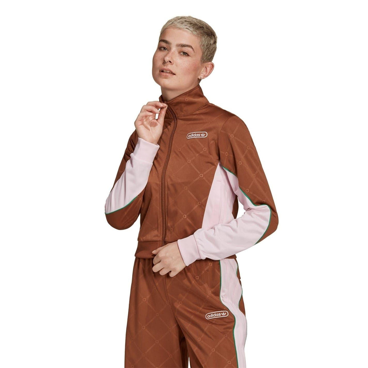 Mock neck track jacket in brown with light pink sleeve panels and adidas chest logo