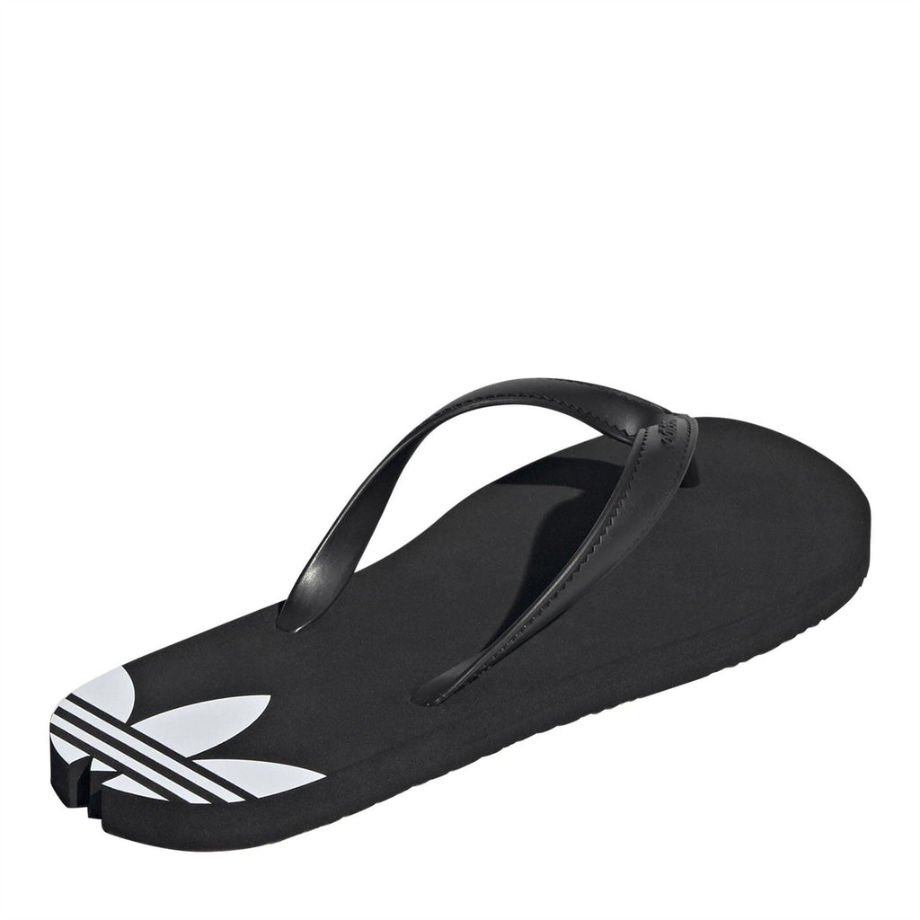 Black flip-flop sandal with padded thong strap and white adidas emblem on footbed