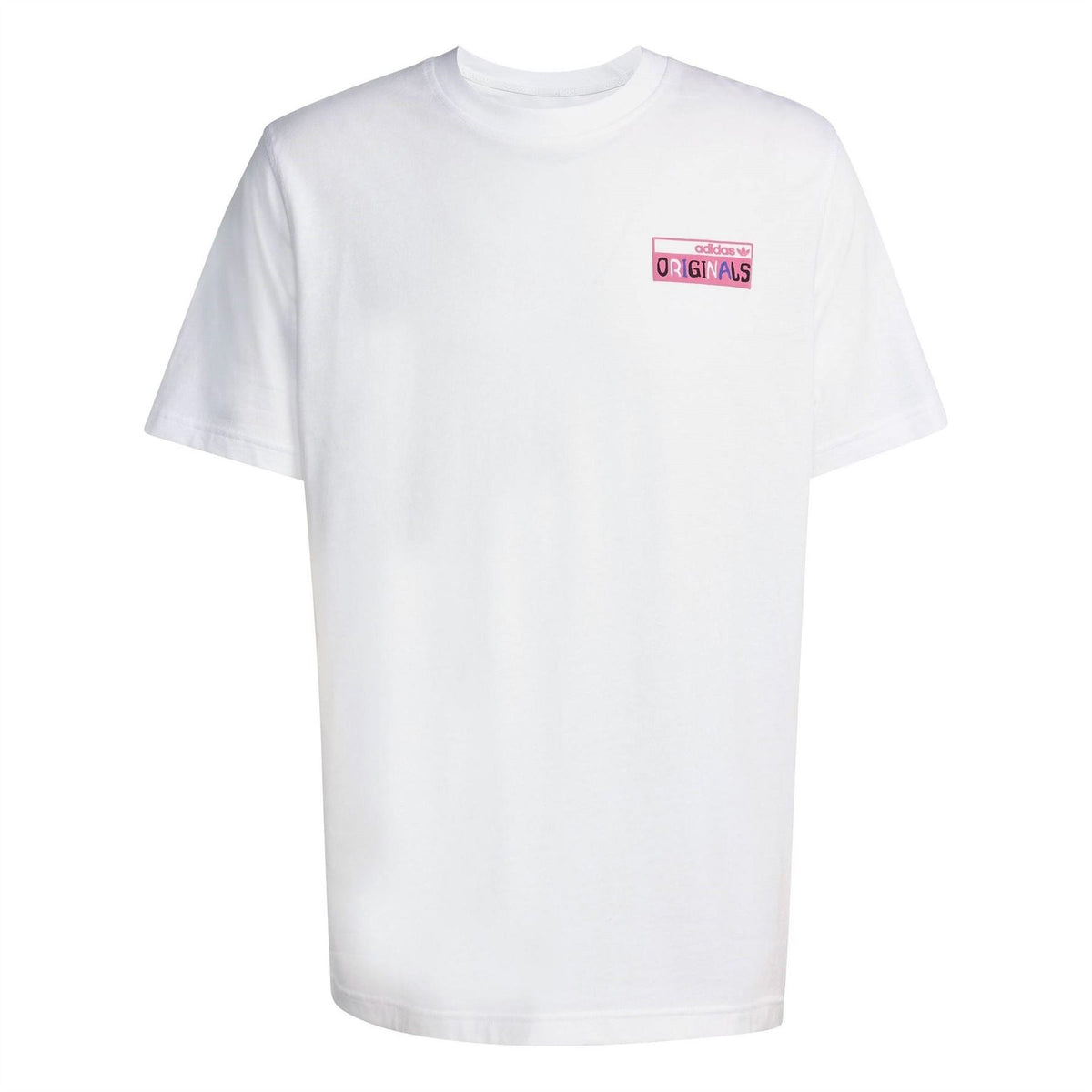 White adidas Originals crew-neck T-shirt with small chest graphic patch.
