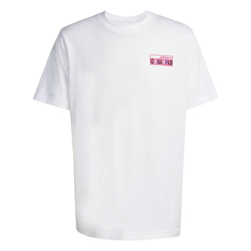 White adidas Originals crew-neck T-shirt with small chest graphic patch.