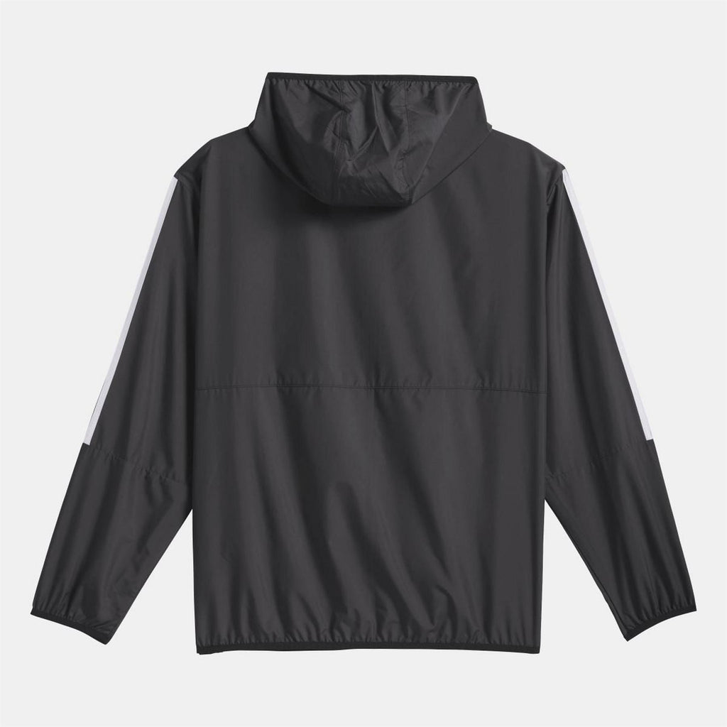 Black hooded windbreaker jacket with full zip and side pockets