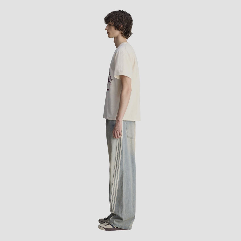 Cream T-shirt side view with crew neck and short sleeves