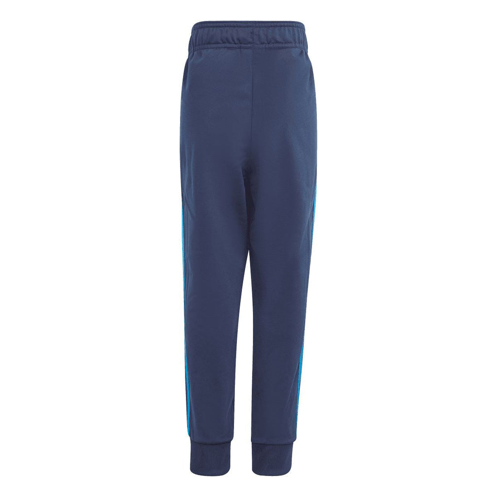 Infant adidas indigo jogger pants with elastic waistband and blue side stripe down the leg