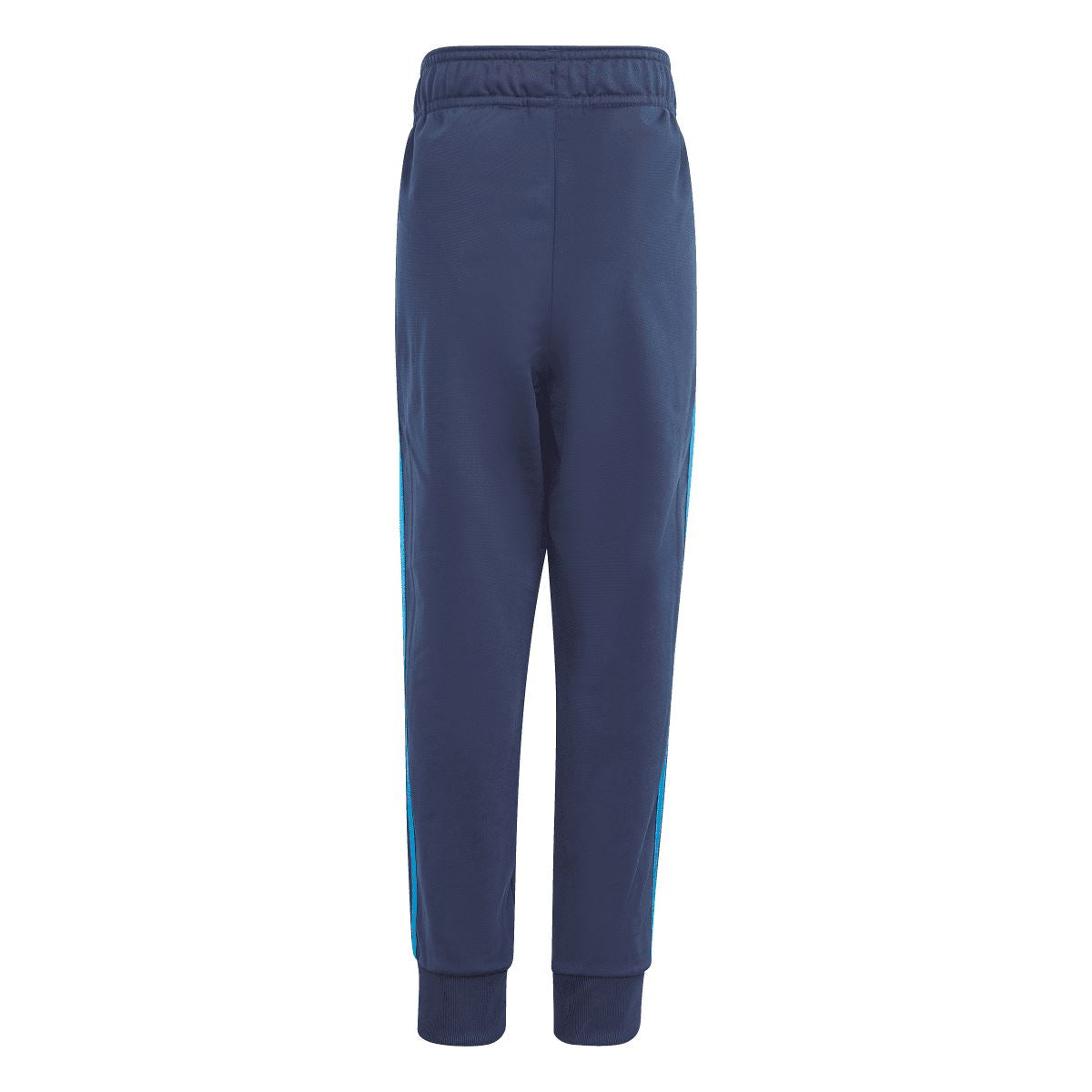 Infant adidas indigo jogger pants with elastic waistband and blue side stripe down the leg
