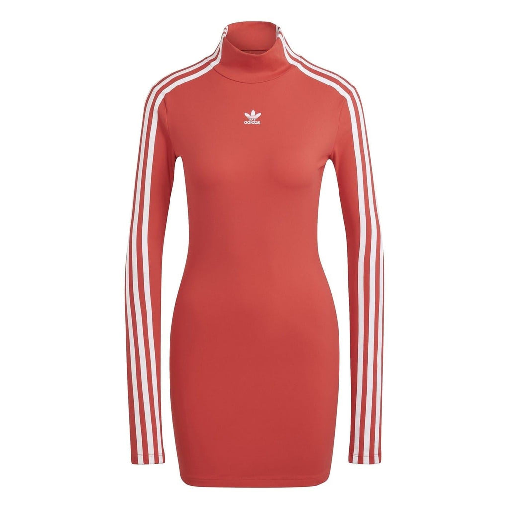 Red Adidas Originals mini dress with mock neck, long sleeves, and white 3-stripe detailing