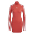 Red Adidas Originals mini dress with mock neck, long sleeves, and white 3-stripe detailing