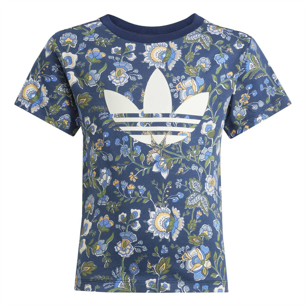 Kids' floral O-neck t-shirt, navy with white Trefoil-style logo graphic