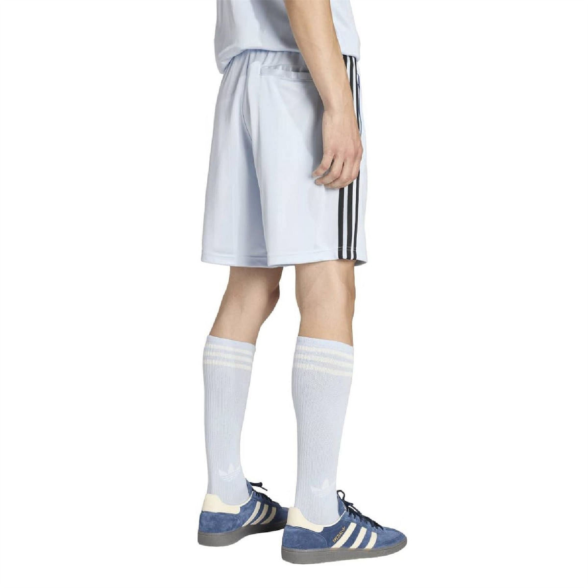 Light blue shorts with elastic waist, black side stripes, and mid-thigh length