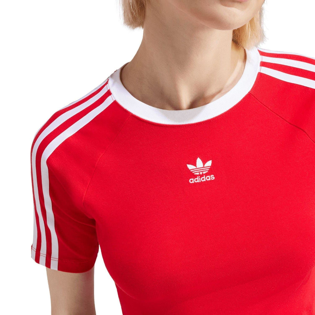 Red baby T-shirt with adidas logo and white 3-stripe shoulder stripes