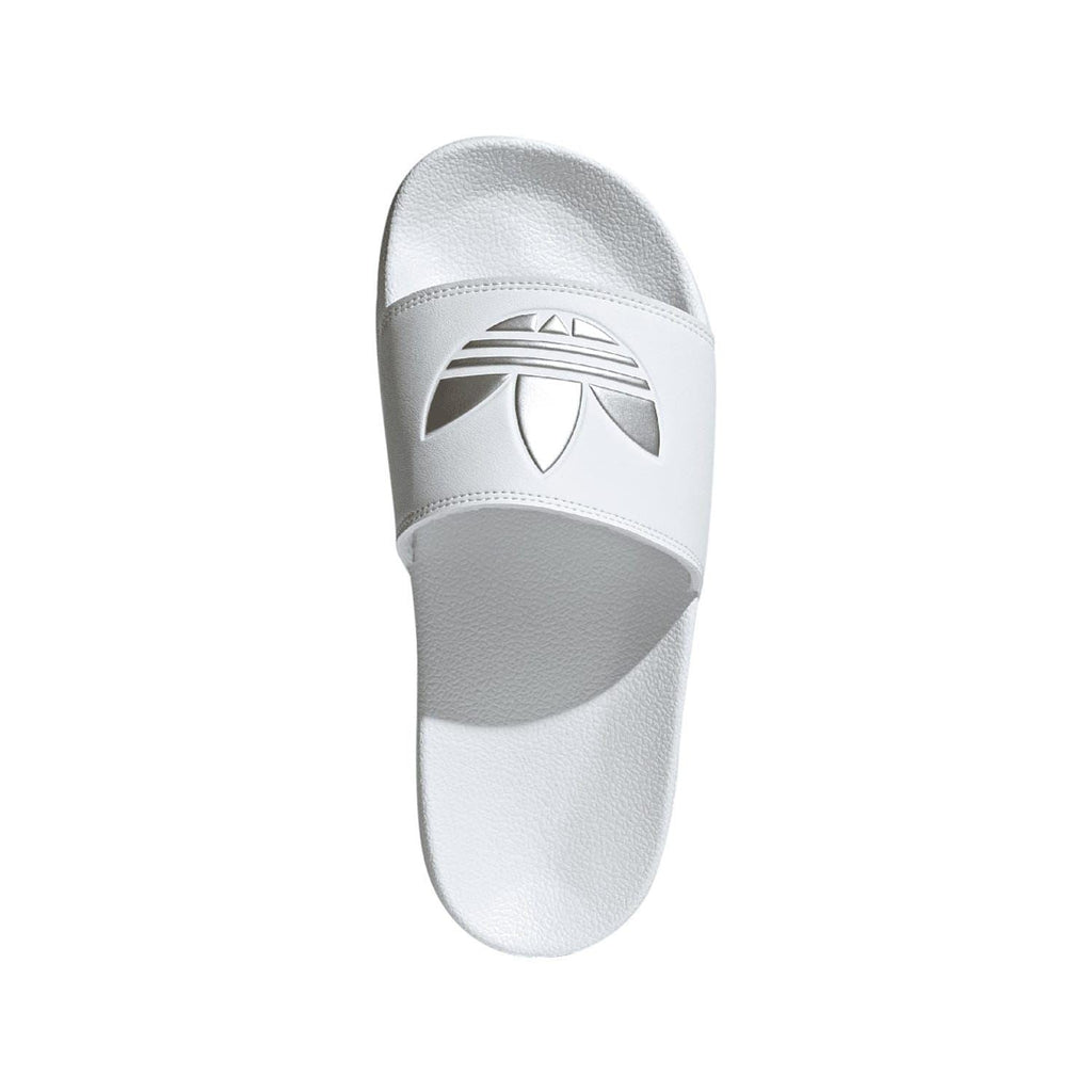 White adidas slide sandal, smooth footbed with strap logo panel