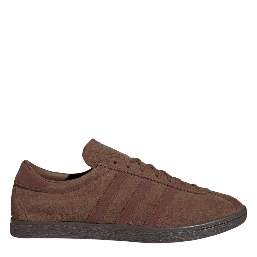 Brown suede adidas Originals trainer, lace-up with three side stripes and dark sole