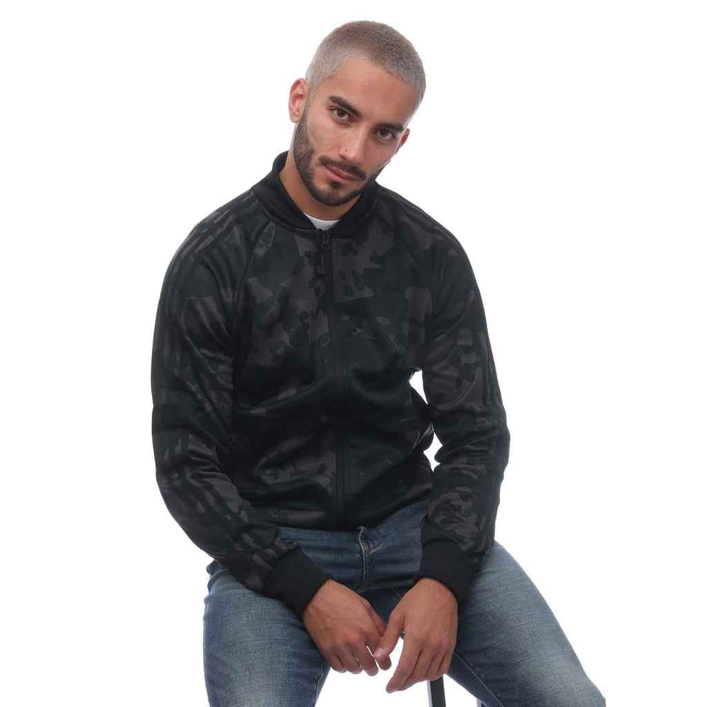Men's camo track top with full-zip front, stand collar, and ribbed cuffs, black