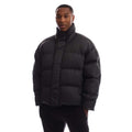 Black down puffer jacket with full-zip front and stand collar