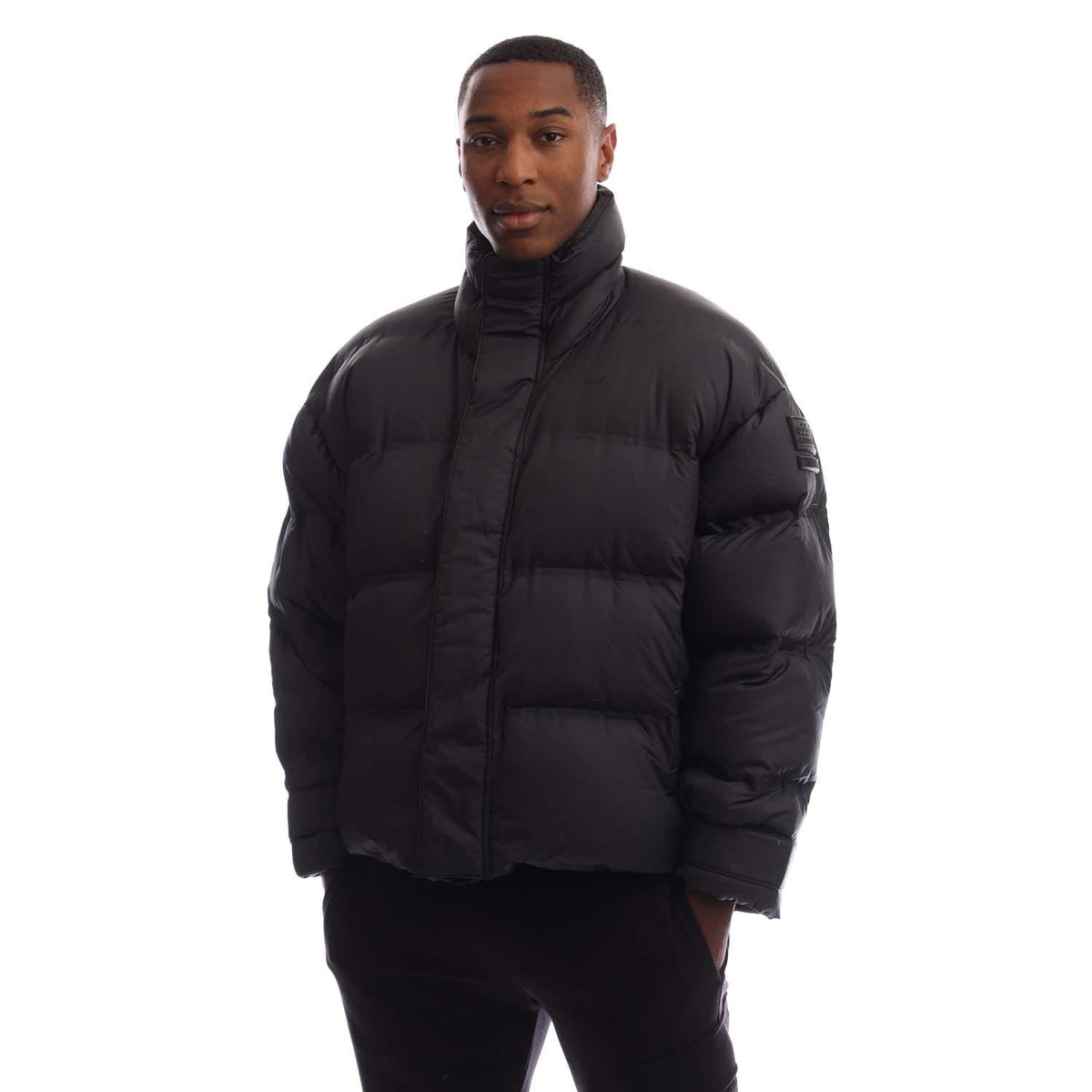 Black down puffer jacket with full-zip front and stand collar