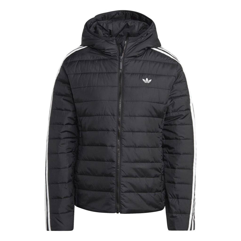 Black hooded puffer short jacket with full-zip front and white logo on chest