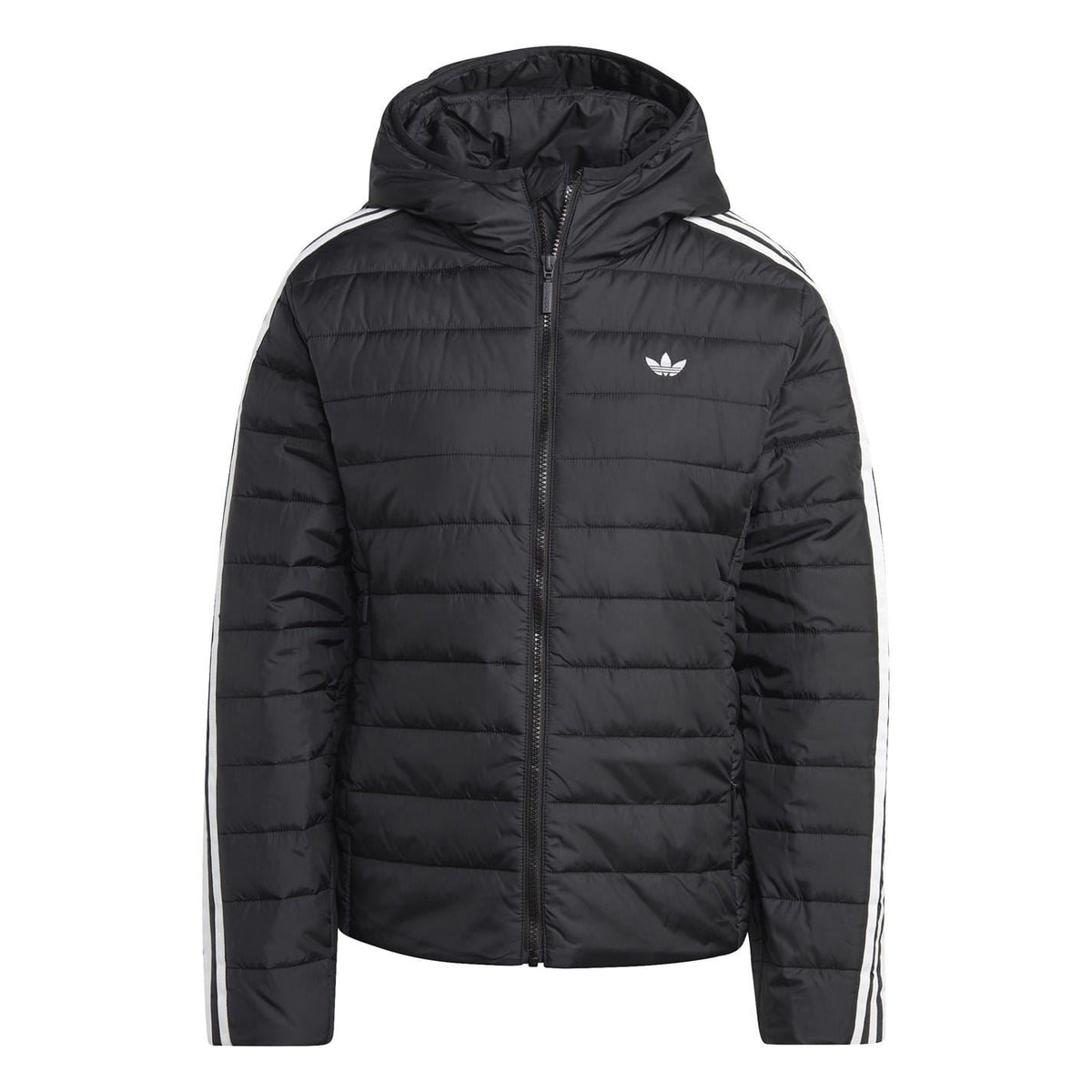 Black hooded puffer short jacket with full-zip front and white logo on chest