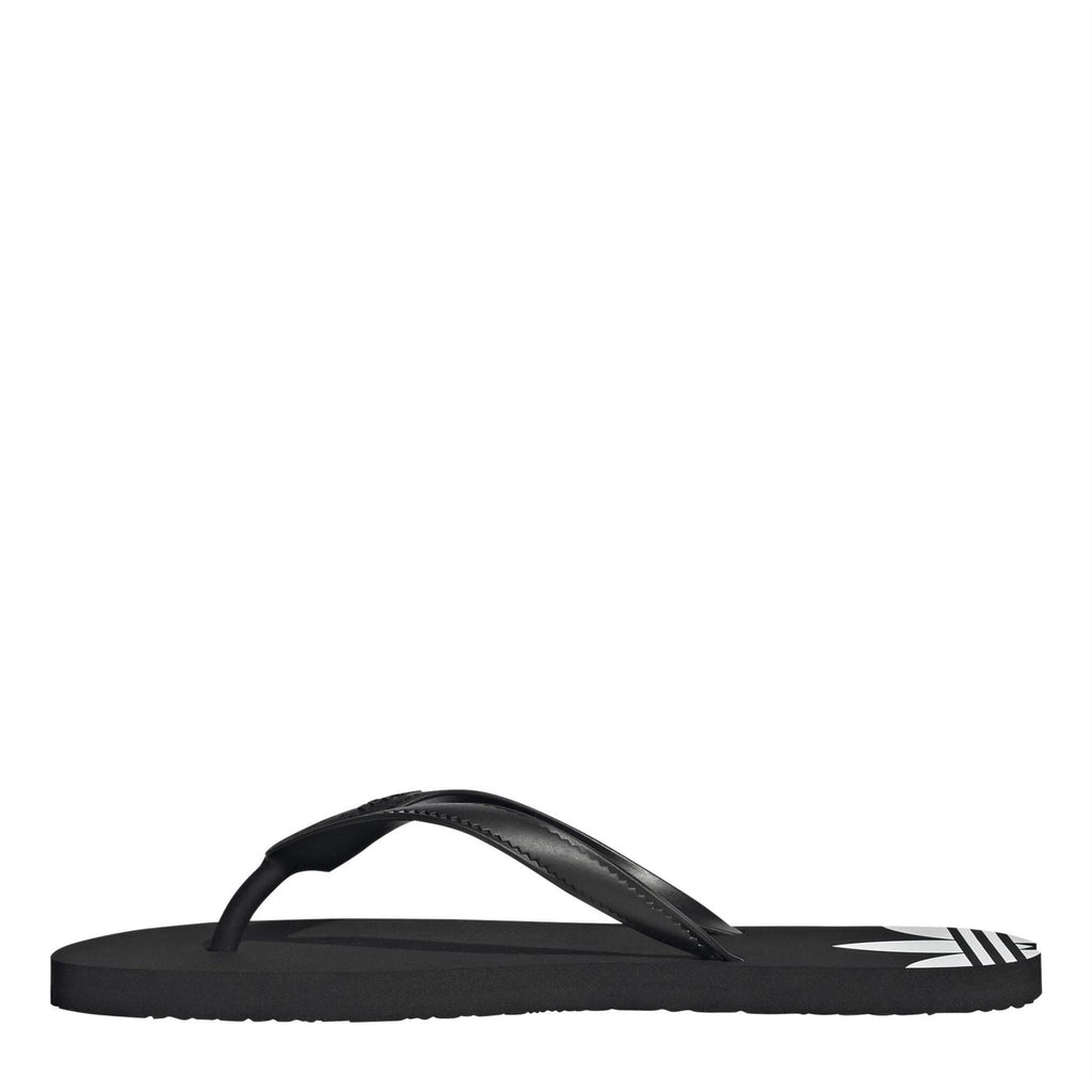 Black flip-flop sandal with curved strap and white adidas logo on footbed