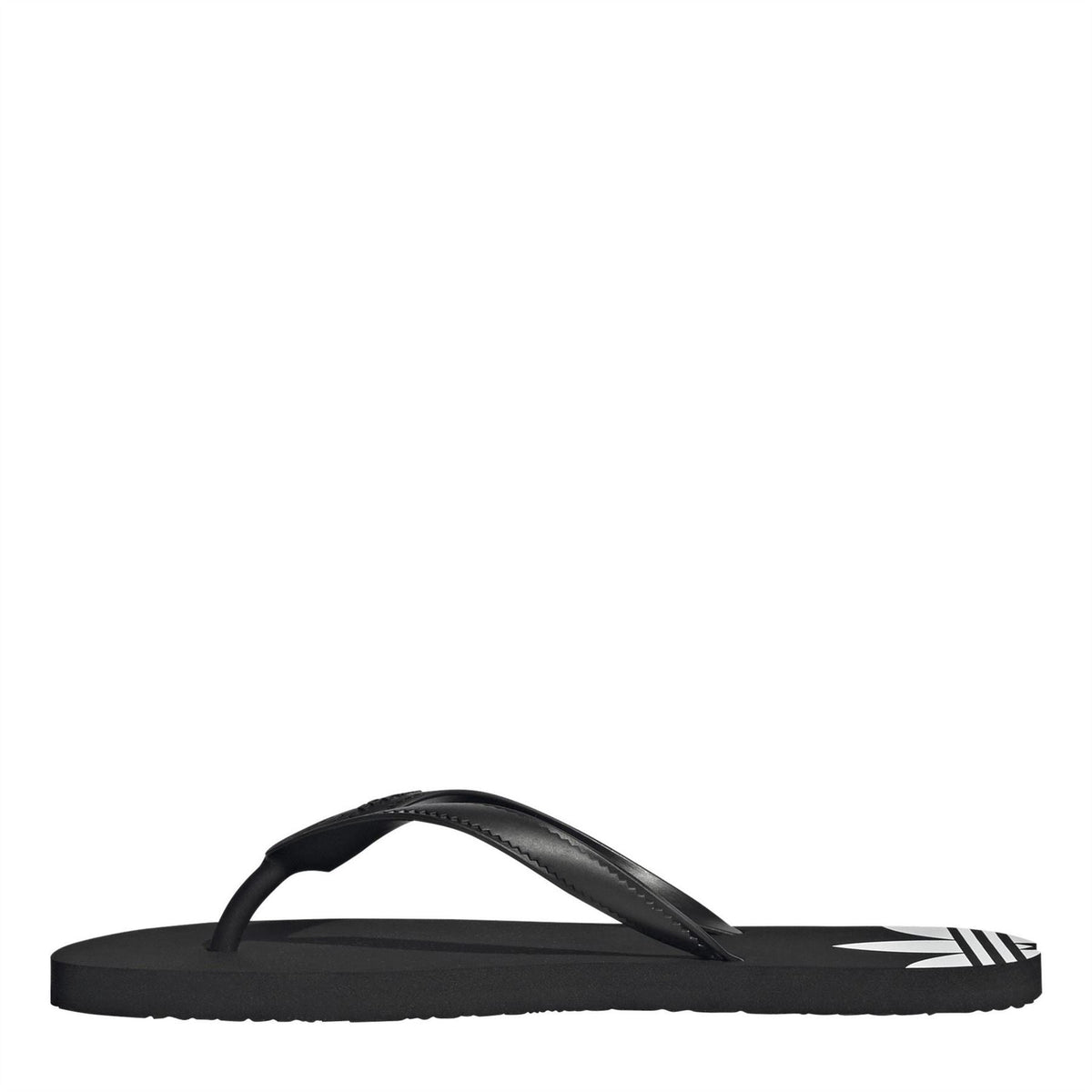 Black flip-flop sandal with curved strap and white adidas logo on footbed