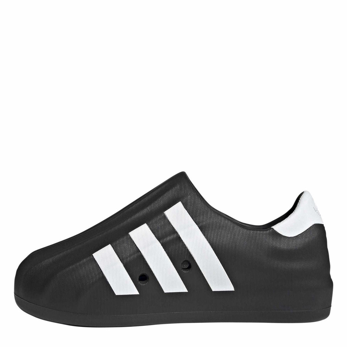 Black slip-on sneaker with three white stripe panels and perforated eyelet