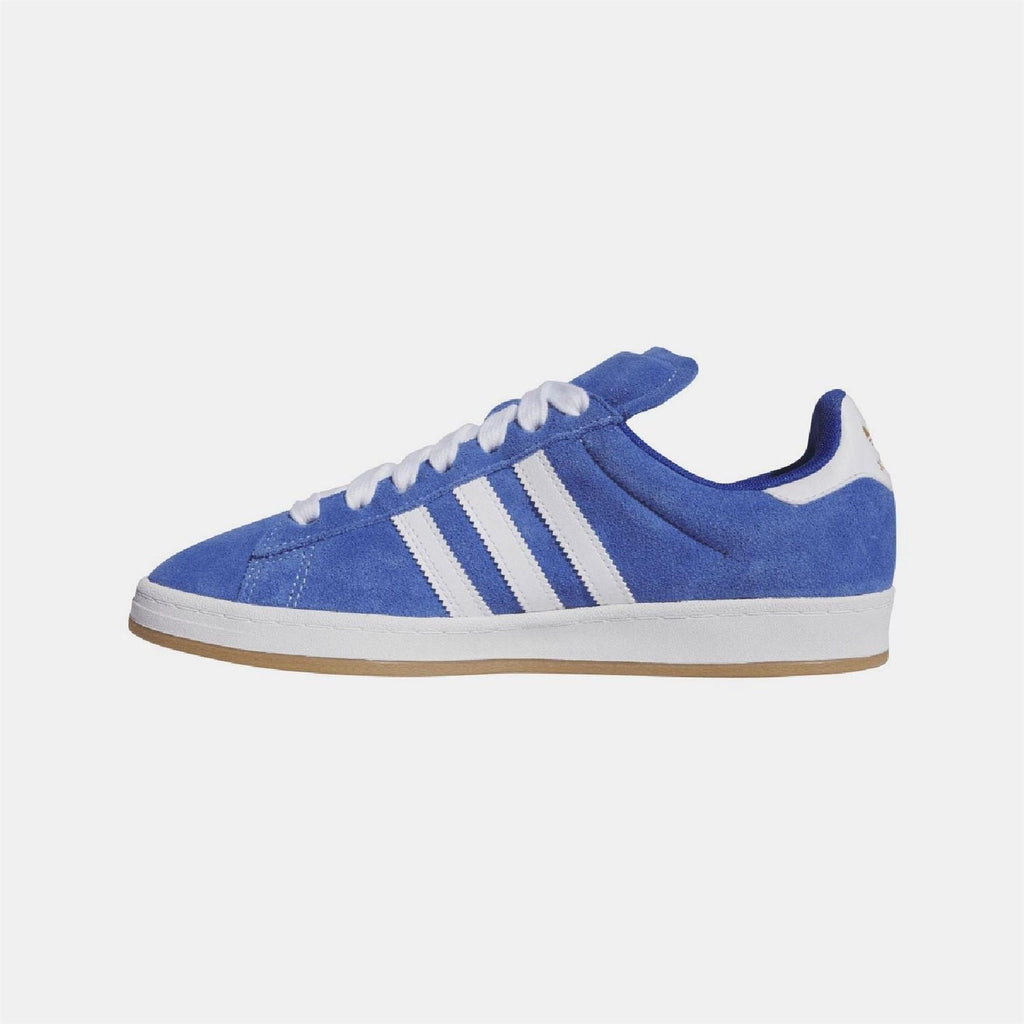 Blue adidas trainer side view with white three stripes and gum sole
