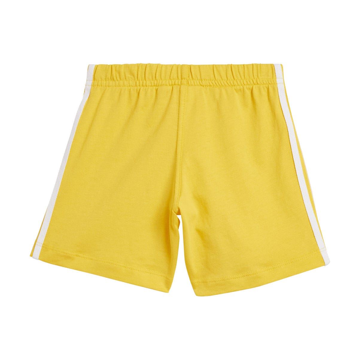 Infant gold shorts with elastic waistband and white side stripe