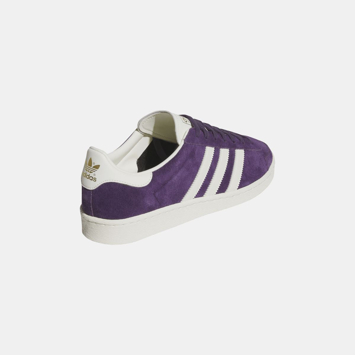 Purple adidas Originals Jabbar Lo sneaker heel and side view with adidas logo on collar