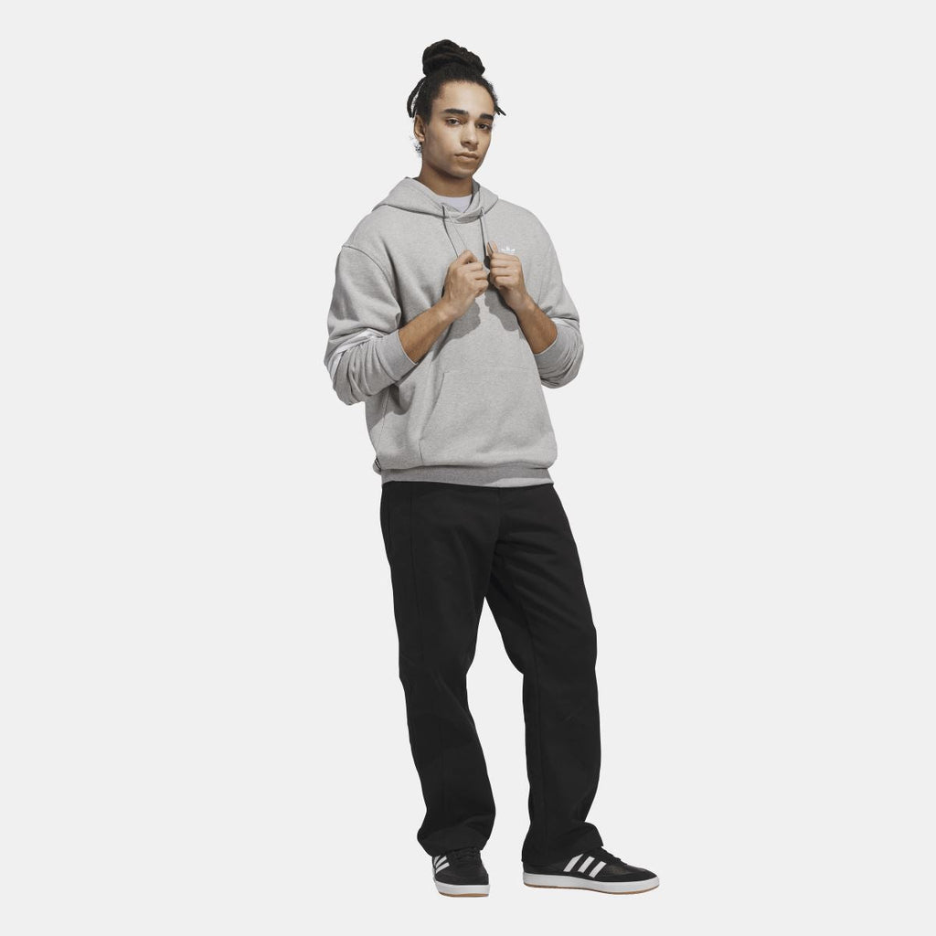 Grey adidas Originals hoodie with drawstring hood, worn by model.