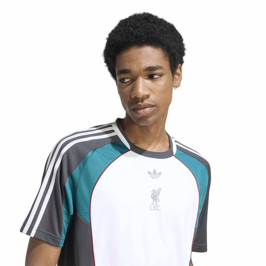 Liverpool FC jersey with round neck: white chest and teal with dark gray sleeves