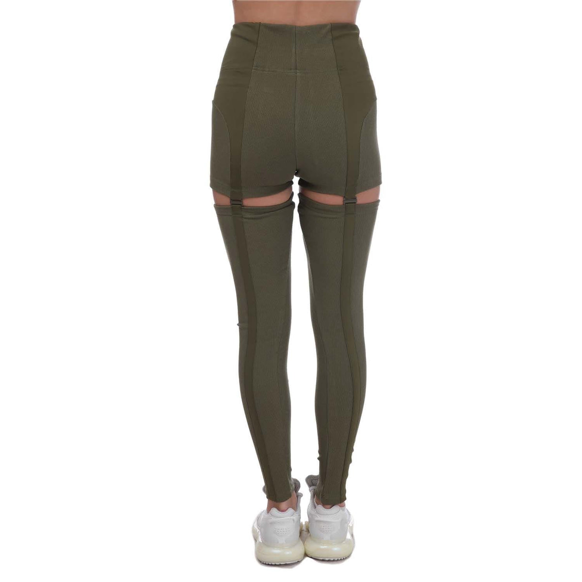 Olive two-in-one rib tights with shorts overlay and slim ankle-length leggings