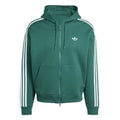Green zip-up hooded sweatshirt with drawstring, front pockets, and white side stripes
