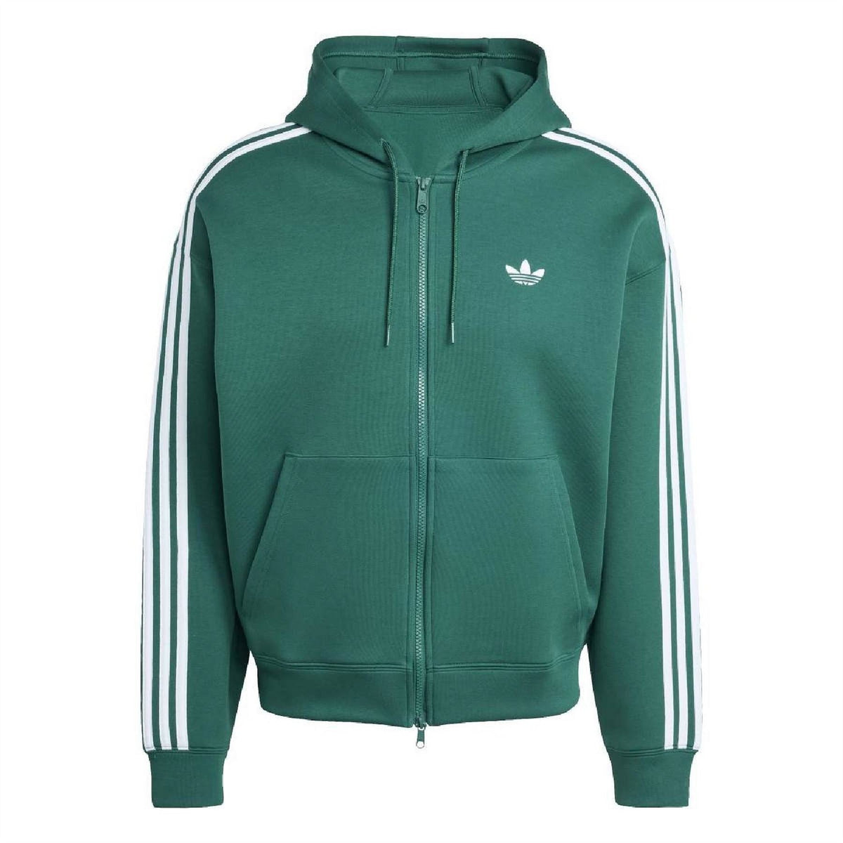 Green zip-up hooded sweatshirt with drawstring, front pockets, and white side stripes